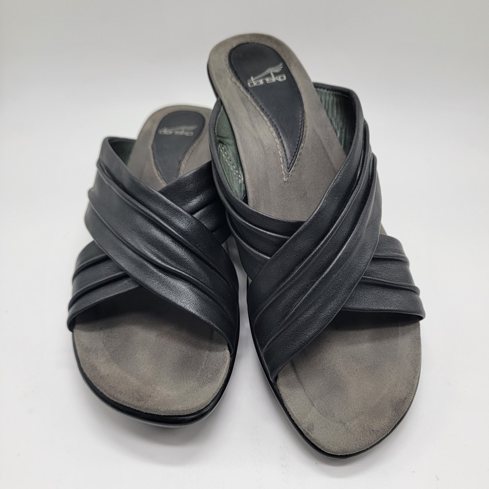 Dansko Avalon Black Leather Crisscross Wedge Sandals Women's  Sz 6.5 US / 37 EU